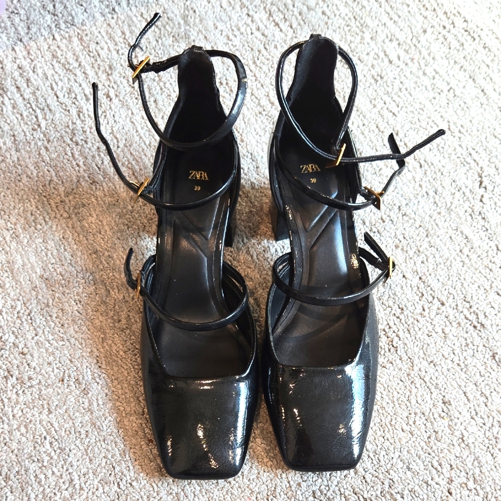 Zara Black Patent Strappy Block Heel Pumps